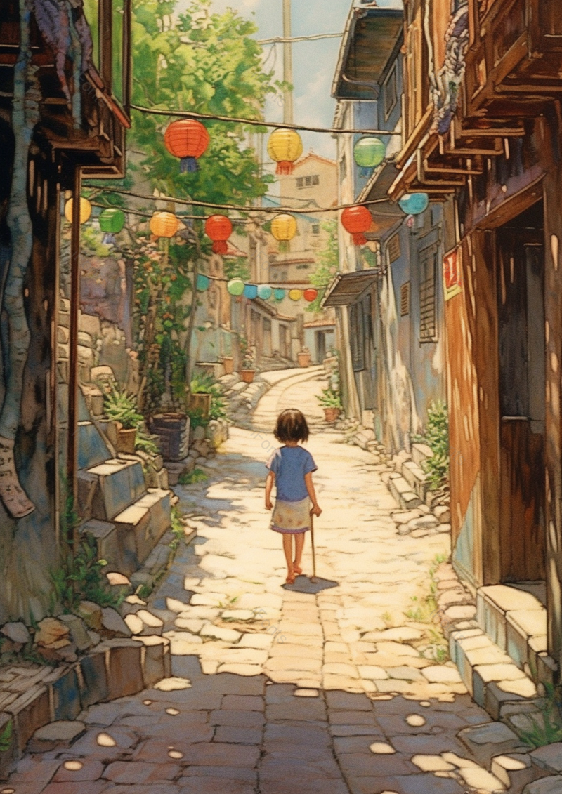 步行在道路上的小女孩背影手绘插画图,插画/手绘图,插画/手绘图库,插画/手绘图下载,插画/手绘